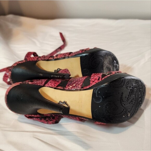 Dollhouse Pink And Black Faux Snakeskin Strappy High Heels No Size 9.75in Insole - Picture 5 of 5